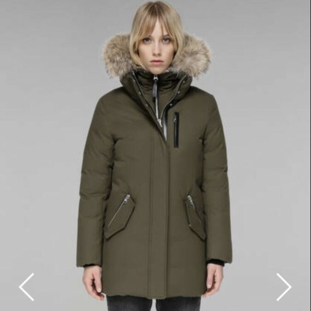 MACKAGE Small/S down parka puffer fur collar, army green jacket -30C rated!